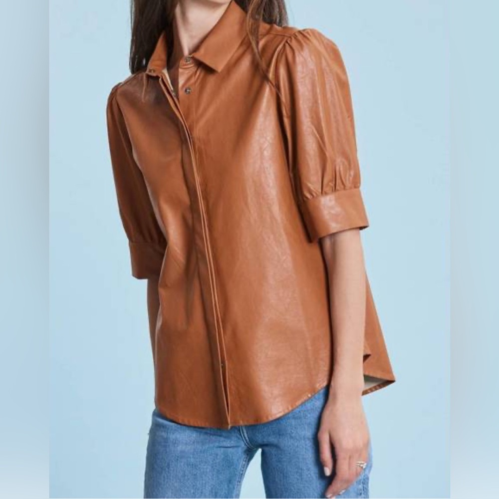 NWT Tyler Boe Alice Vegan Faux Leather Puff Sleeve Shirt Pecan Brown Size 2